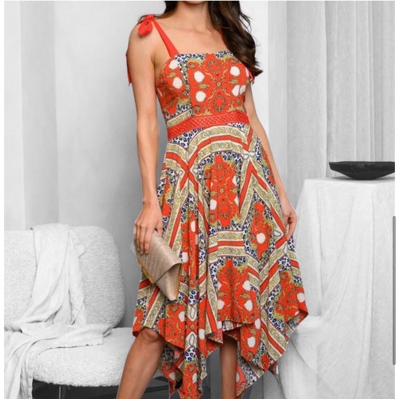 Red orange asymmetrical hem midi dress - Picture 4 of 4